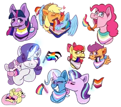 Size: 1280x1127 | Tagged: safe, artist:artwing74, derpibooru import, apple bloom, applejack, fluttershy, pinkie pie, rainbow dash, rarity, scootaloo, starlight glimmer, sweetie belle, trixie, twilight sparkle, twilight sparkle (alicorn), alicorn, appledash, asexual pride flag, bisexual pride flag, cutie mark crusaders, demigirl pride flag, demisexual pride flag, female, gender headcanon, headcanon, hug, image, kiss on the cheek, kissing, lesbian, lesbian pride flag, lgbt headcanon, long tongue, male, mane six, mouthpiece, nonbinary pride flag, omnisexual pride flag, pansexual pride flag, png, pride, pride flag, sexuality headcanon, shipping, siblings, simple background, sisters, startrix, straight ally flag, tomboy, tongue out, trans female, trans male, trans stallion scootaloo, trans trixie, transgender, transgender pride flag, transparent background