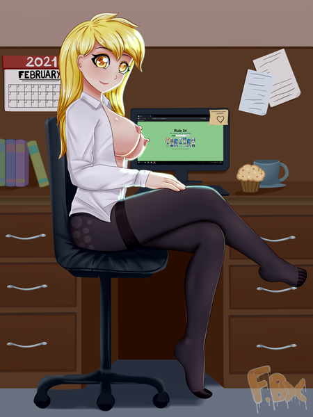 Size: 1500x2000 | Tagged: questionable, alternate version, artist:focusb, derpibooru import, derpy hooves, human, adorasexy, black underwear, book, breasts, busty derpy hooves, calendar, chair, clothes, cute, cutie mark on human, derpabetes, desk, drawer, exposed breasts, food, humanized, image, jpeg, monitor, muffin, nipples, nudity, office, open clothes, pantyhose, partial nudity, post-it, rule 34, secretary, sexy, shoes, socks, sticky note, stocking feet, stockings, thigh highs, underwear