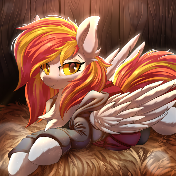 Size: 5000x5000 | Tagged: safe, alternate version, artist:ask-colorsound, derpibooru import, oc, oc:diamond sun, pegasus, pony, barn, bedroom eyes, clothes, commission, female, fluffy, hay, image, looking at you, lying down, mare, png, solo, ych result