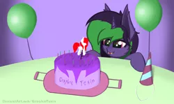 Size: 2670x1600 | Tagged: safe, artist:graphictoxin, derpibooru import, oc, oc:daren, oc:graphic toxin, unofficial characters only, earth pony, pony, unicorn, balloon, birthday, cake, candle, cute, fluffy, food, happy, hat, image, party hat, png, smiling, solo, table, tray