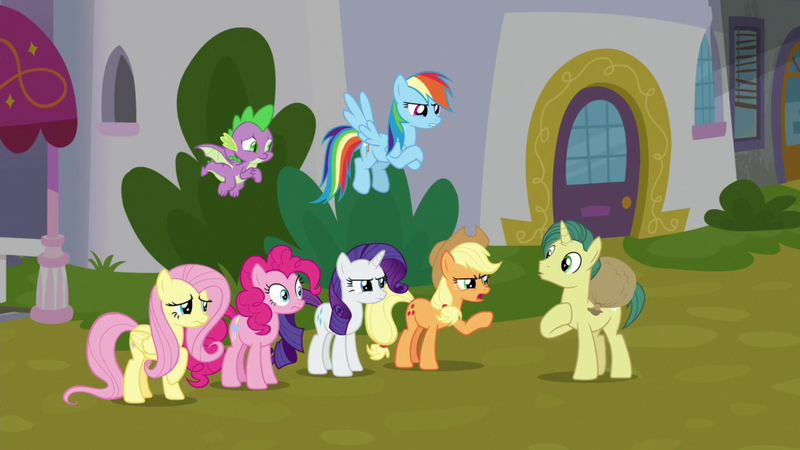 Size: 1920x1080 | Tagged: safe, derpibooru import, screencap, applejack, dandy dispatch, fluttershy, pinkie pie, rainbow dash, rarity, spike, dragon, pony, the ending of the end, image, png, winged spike