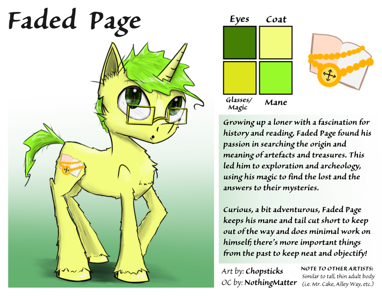 Size: 2300x1780 | Tagged: safe, artist:chopsticks, derpibooru import, oc, oc:faded page, unofficial characters only, pony, unicorn, chest fluff, ear fluff, glasses, image, looking at you, male, png, reference sheet, solo, stallion, text, unshorn fetlocks