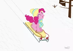 Size: 4478x3118 | Tagged: safe, artist:ironm17, derpibooru import, pinkie pie, earth pony, pony, clothes, female, hat, image, mare, png, scarf, sled, sledding, snow, solo