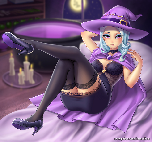 Size: 1300x1212 | Tagged: suggestive, artist:racoonsan, derpibooru import, trixie, human, absolute cleavage, anime, bed, bedroom eyes, breasts, busty trixie, candle, cape, choker, cleavage, clothes, female, fire, full moon, hat, high heels, humanized, image, jpeg, legs, looking at you, moon, night, sexy, shoes, socks, solo, solo female, thigh highs, window, witch, witch hat