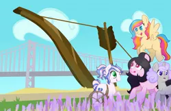 Size: 2048x1325 | Tagged: safe, artist:sketchthewitch, derpibooru import, oc, oc:copper chip, oc:golden gates, oc:silver span, earth pony, pegasus, pony, unicorn, arrow, babscon, babscon mascots, bow (weapon), bow and arrow, bridge, image, jpeg, weapon