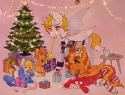Size: 2000x1523 | Tagged: safe, artist:kitten-in-the-jar, derpibooru import, oc, oc:serenity, oc:white feather, unofficial characters only, pegasus, pony, christmas, christmas tree, clothes, cookie, female, filly, food, holiday, image, lying down, male, mare, oc x oc, parent:oc:serenity, parent:oc:white feather, parents:serenither, plushie, png, present, prone, serenither, shipping, straight, sweater, tree