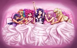Size: 2784x1750 | Tagged: suggestive, alternate version, artist:king-kakapo, derpibooru import, applejack, fluttershy, pinkie pie, rainbow dash, rarity, twilight sparkle, human, appleshy, bed, blanket, blue underwear, bra, breasts, busty applejack, busty fluttershy, busty mane six, busty pinkie pie, busty rainbow dash, busty rarity, busty twilight sparkle, casual nudity, chubbie pie, chubby, clothed female nude female, clothes, cuddling, female, females only, fluttershy sleeps naked, humanized, image, lesbian, mane six, midriff, nightgown, nudity, omniship, one eye closed, pajamas, partial nudity, pillow, pink underwear, png, polyamory, raripie, ribbon, shipping, sleeping, sleeping in the nude, sleepover, slumber party, spooning, strategically covered, striped underwear, twidash, underwear, wink, yawn