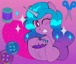 Size: 1492x1270 | Tagged: safe, artist:mewnikitty, derpibooru import, izzy moonbow, pony, unicorn, blushing, bracelet, button, chest fluff, cute, female, g5, gradient background, heart, image, izzybetes, jewelry, jpeg, looking at you, mare, one eye closed, scissors, smiling, solo, thread, unshorn fetlocks, wink