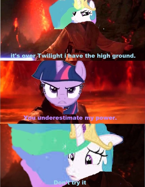 Size: 944x1212 | Tagged: safe, artist:brandonale, derpibooru import, princess celestia, twilight sparkle, alicorn, pony, unicorn, female, image, jpeg, mare, revenge of the sith, star wars, this will end in burns, this will end in pain and/or tears, twilight is anakin