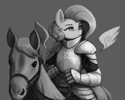 Size: 2000x1600 | Tagged: safe, artist:mrscroup, derpibooru import, fluttershy, anthro, horse, pegasus, pony, armor, badass, celestia's cutie mark, floating wings, flutterbadass, furry confusion, gray background, grayscale, image, jpeg, monochrome, ponies riding horses, riding, simple background, wings