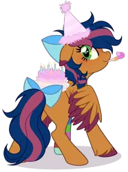 Size: 2240x3006 | Tagged: safe, artist:mcjojo, derpibooru import, oc, oc:solar comet, unofficial characters only, pegasus, pony, bow, cake, femboy, food, freckles, green eyes, hat, image, looking at you, male, party horn, png, sock, solo, tail, tail bow, trap, wings