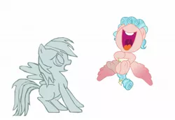 Size: 1275x872 | Tagged: safe, artist:benpictures1, derpibooru import, edit, cozy glow, rainbow dash, pegasus, pony, abuse, belly, dashabuse, duo, duo female, female, filly, flying, image, jpeg, laughing, nose in the air, open mouth, petrification, revenge, simple background, stone, turned to stone, white background