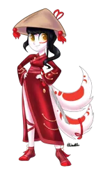 Size: 1023x1733 | Tagged: safe, artist:wicked-red-art, derpibooru import, oc, oc:little kit, unofficial characters only, equestria girls, clothes, commission, conical hat, equestria girls-ified, female, flats, hat, image, katana, kitsune, markings, nail polish, png, ponied up, shoes, simple background, solo, sword, total sideslit, transparent background, vaguely asian robe, weapon