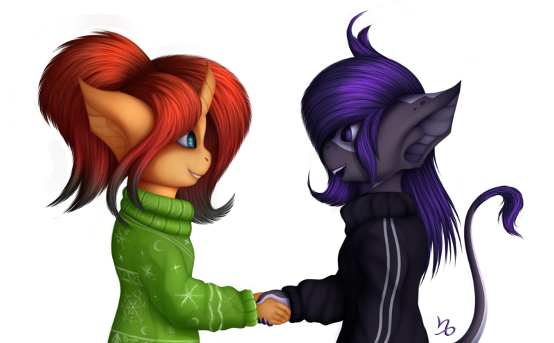 Size: 2427x1505 | Tagged: safe, artist:batsdisaster, derpibooru import, oc, oc:amira disaster, oc:batsdisaster, oc:sheron, unofficial characters only, anthro, unicorn, vampire, vampony, clothes, female, handshake, horn, image, piercing, png, simple background, smiling, transparent background, unicorn oc