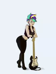 Size: 1920x2560 | Tagged: safe, artist:aquaticvibes, derpibooru import, rarity, human, alternate hairstyle, boots, breasts, busty rarity, clothes, electric guitar, guitar, humanized, image, jpeg, leaning, leather pants, leather vest, midriff, musical instrument, pants, punk, raripunk, shoes, simple background, solo, white background