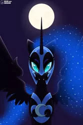 Size: 2000x3000 | Tagged: safe, artist:bluebender, derpibooru import, nightmare moon, alicorn, pony, armor, glowing eyes, helm, image, looking at you, moon, moonlight, nightmare night, png, solo, stars, wings