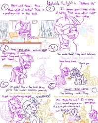 Size: 4779x6013 | Tagged: safe, artist:adorkabletwilightandfriends, derpibooru import, moondancer, spike, starlight glimmer, twilight sparkle, twilight sparkle (alicorn), oc, oc:pinenut, alicorn, cat, dragon, pony, unicorn, comic:adorkable twilight and friends, adorkable, adorkable twilight, baking, barf, bent over, book, bowl, bucket, butt, butter, chocolate chip cookies, comic, cook book, cookie, cooking, couch, cute, dork, eating, egg, egg carton, excited, family, flavor, flour, food, friendship, glimmerbetes, glowing horn, happy, horn, humor, image, kitchen, magic, plot, png, rain, recipe, sick, sitting, slice of life, spikabetes, spoon, stomach ache, sugar (food), telekinesis, vomit