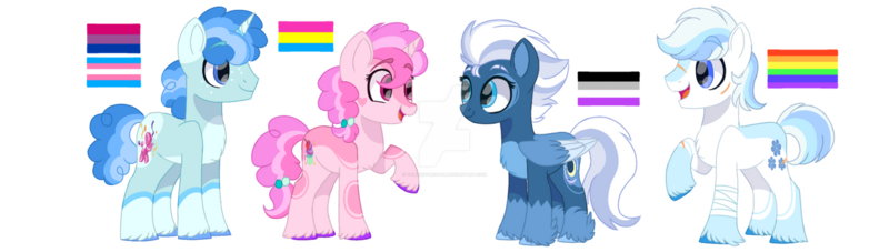 Size: 1280x363 | Tagged: safe, artist:brenxdipity, artist:flutterbases, artist:lazuli0209, artist:yoshiniyuriyaya, derpibooru import, double diamond, night glider, party favor, sugar belle, earth pony, pegasus, pony, unicorn, alternate hairstyle, asexual, asexual pride flag, bandage, base used, bisexual pride flag, deviantart watermark, equal four, female, gay pride flag, headcanon, image, lgbt headcanon, male, mare, markings, obtrusive watermark, open mouth, pansexual, pansexual pride flag, png, pride, pride flag, raised hoof, redesign, scar, sexuality headcanon, simple background, stallion, trans male, transgender, transgender pride flag, transparent background, unshorn fetlocks, watermark