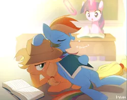 Size: 1800x1410 | Tagged: safe, artist:ryuu, derpibooru import, applejack, rainbow dash, twilight sparkle, twilight sparkle (alicorn), alicorn, earth pony, pegasus, pony, applejack is not amused, applejack's hat, book, classroom, cowboy hat, female, hat, image, levitation, lying down, magic, magic aura, on back, png, sleeping, telekinesis, unamused, yawn