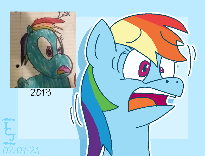 Size: 964x734 | Tagged: safe, artist:icecreamjaxxie, derpibooru import, rainbow dash, pegasus, pony, 2013, art evolution, digital art, expression, image, lined paper, marker drawing, mismatched eyes, png, redraw, scared, scaredy dash, screaming, shaking in fear, traditional art