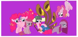 Size: 5217x2500 | Tagged: safe, artist:squipycheetah, derpibooru import, part of a set, pinkie pie, earth pony, pony, the last problem, yakity-sax, annoyed, bagpipes, cute, duality, element of laughter, female, filly, filly pinkie pie, grumpy, happy, helmet, honorary yak horns, horned helmet, image, looking back, looking down, looking up, mare, multeity, musical instrument, older, older pinkie pie, open mouth, pinkamena diane pie, pinkie being pinkie, png, purple background, raised hoof, self paradox, self ponidox, simple background, sitting, smiling, time paradox, too much pink energy is dangerous, viking helmet, younger, yovidaphone