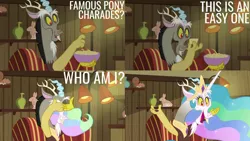 Size: 1280x720 | Tagged: safe, derpibooru import, edit, edited screencap, editor:quoterific, screencap, discord, draconequus, dungeons and discords, card, chair, discord being discord, discord's celestia face, image, jpeg, lamp, male, open mouth, solo