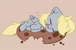 Size: 2048x1335 | Tagged: safe, artist:kittyrosie, derpibooru import, derpy hooves, pegasus, pony, blushing, chest fluff, ear fluff, eating, eyes closed, floating heart, giant cookie, heart, image, jpeg, messy eating, simple background, sleeping