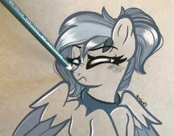 Size: 3383x2637 | Tagged: safe, artist:emberslament, derpibooru import, oc, unofficial characters only, pegasus, pony, blushing, boop, clothes, colored pencil drawing, colored pencils, eyes closed, female, grumpy, image, mare, monochrome, pencil boop, photo, png, ponytail, scarf, scrunchy face, traditional art