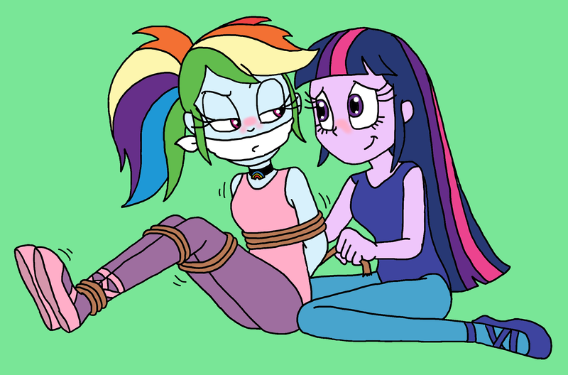 Size: 2242x1479 | Tagged: safe, artist:bugssonicx, derpibooru import, rainbow dash, twilight sparkle, equestria girls, arm behind back, ballerina, blushing, bondage, bound and gagged, cloth gag, dashsub, female, femsub, gag, image, lesbian, png, rainbond dash, rainbowrina, rope, rope bondage, shipping, submissive, tied up, tutu, twidash, twilarina