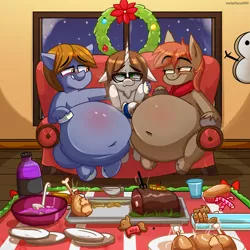 Size: 4000x4000 | Tagged: safe, artist:metalface069, derpibooru import, oc, oc:blitz tale, oc:tai, oc:winterlight, pony, belly, belly button, big belly, blushing, christmas, commission, cookie, dinner, drink, fat, food, holiday, huge belly, image, male, meat, png, ponies eating meat, soda, squishy, stallion, stuffed, trio male