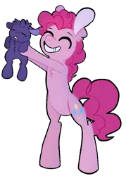 Size: 616x862 | Tagged: safe, artist:greyestgray, derpibooru import, pinkie pie, oc, oc:frosting sprinkles, pony, unicorn, baby, baby pony, bipedla, female, filly, holding a pony, image, mother and child, mother and daughter, offspring, parent:pinkie pie, png, simple background, transparent background