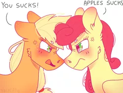 Size: 1024x768 | Tagged: safe, artist:valkiria, derpibooru import, applejack, strawberry sunrise, earth pony, pegasus, pony, angry, derpibooru exclusive, female, grammar error, image, looking at each other, mare, png, simple background, speech bubble, talking, vulgar, white background