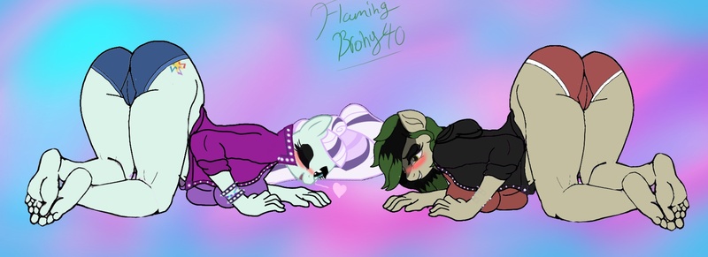 Size: 1856x675 | Tagged: questionable, artist:flammingbrony40, derpibooru import, coloratura, oc, anthro, earth pony, plantigrade anthro, 1000 hours in ms paint, ass up, barefoot, blushing, breasts, busty coloratura, cameltoe, coloraturump, countess coloratura, cute, duo, duo female, face down ass up, feet, female, floating heart, heart, image, jpeg, looking at you, looking back, looking back at you, one eye closed, sexy, wink