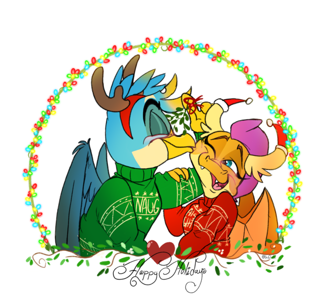 Size: 1894x1703 | Tagged: safe, artist:g-elric, derpibooru import, gallus, smolder, dragon, gryphon, antlers, blushing, christmas, christmas sweater, clothes, female, happy holidays, hat, holiday, horn sock, image, kissing, kiss on the cheek, male, mistletoe, png, reindeer antlers, santa hat, shipping, simple background, smollus, straight, sweater, white background