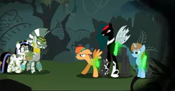 Size: 1080x565 | Tagged: safe, artist:rxndxm.artist, derpibooru import, zecora, changeling queen oc, oc, oc:shooting star, changeling, changeling queen, pony, unicorn, zebra, alternate timeline, chrysalis resistance timeline, disguise, disguised changeling, female, forest, horn, image, jpeg, mare, shapeshifting, tattoo, transformation, tree, unicorn oc