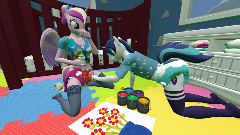 Size: 3840x2160 | Tagged: suggestive, artist:northern haste, derpibooru import, princess cadance, shining armor, alicorn, anthro, plantigrade anthro, unicorn, 3d, 4k, abdl, adult foal, baby bottle, breasts, changing table, clothes, crib, cutie mark diapers, diaper, diaper fetish, fetish, finger painting, image, pacifier, paint, painting, png, poofy diaper, shirt, socks, source filmmaker, thigh highs, thumb sucking