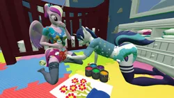 Size: 3840x2160 | Tagged: suggestive, artist:northern haste, derpibooru import, princess cadance, shining armor, alicorn, anthro, plantigrade anthro, unicorn, 3d, 4k, abdl, adult foal, baby bottle, breasts, changing table, clothes, crib, cutie mark diapers, diaper, diaper fetish, fetish, finger painting, image, pacifier, paint, painting, png, poofy diaper, shirt, socks, source filmmaker, thigh highs, thumb sucking