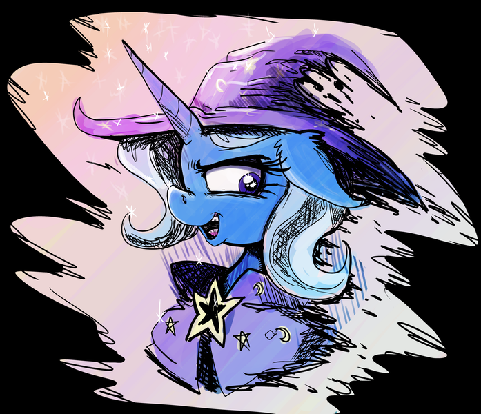 Size: 2314x1991 | Tagged: safe, artist:paskanaakka, derpibooru import, trixie, pony, unicorn, bust, cape, clothes, derpibooru exclusive, ear fluff, female, floppy ears, hat, image, mare, png, portrait, solo, trixie's cape, trixie's hat