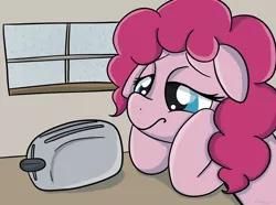 Size: 1972x1471 | Tagged: safe, anonymous artist, artist:therainbowtroll, derpibooru import, pinkie pie, earth pony, pony, bored, drawthread, female, floppy ears, image, png, rain, requested art, sad, solo, toaster, waiting, window