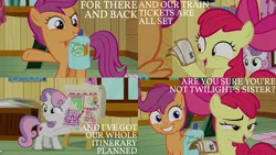 Size: 2000x1125 | Tagged: safe, derpibooru import, edit, edited screencap, editor:quoterific, screencap, apple bloom, scootaloo, sweetie belle, earth pony, pegasus, pony, unicorn, growing up is hard to do, bag, bow, carrot, chips, clubhouse, crusaders clubhouse, cutie mark crusaders, duo, duo female, female, food, gritted teeth, image, open mouth, png, potato chips, saddle bag, solo, teeth, ticket, trio, trio female