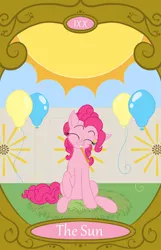 Size: 900x1400 | Tagged: safe, artist:sixes&sevens, derpibooru import, pinkie pie, balloon, eyes closed, image, noisemaker, persona, png, sun, tarot card, the sun