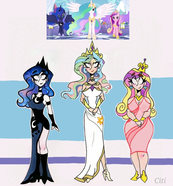 Size: 2472x2662 | Tagged: safe, artist:citi, derpibooru import, screencap, princess cadance, princess celestia, princess luna, human, twilight's kingdom, alicorn triarchy, breasts, busty princess cadance, clothes, cutie mark, cutie mark accessory, cutie mark on clothes, eyeshadow, height difference, high heels, humanized, image, jewelry, jpeg, makeup, regalia, scene interpretation, screencap reference, shoes