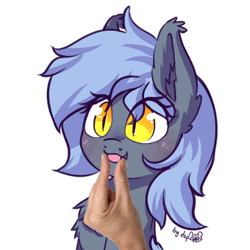 Size: 500x500 | Tagged: safe, artist:dsp2003, derpibooru import, edit, editor:hotkinkajou, oc, oc:panne, unofficial characters only, bat pony, human, pony, :p, animated, bat pony oc, bat wings, bust, chest fluff, cute, cute little fangs, disembodied hand, ear fluff, fangs, female, gif, hand, image, mare, mlem, raspberry, silly, simple background, solo focus, tongue holding, tongue out, weapons-grade cute, white background, wings