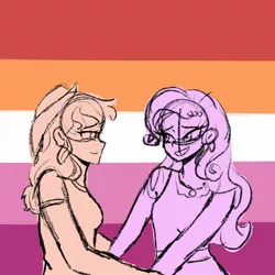 Size: 1080x1080 | Tagged: safe, artist:_denart, derpibooru import, applejack, rarity, equestria girls, clothes, female, hat, holding hands, image, jpeg, lesbian, pride flag, rarijack, shipping, smiling