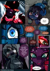Size: 2480x3508 | Tagged: safe, artist:dsana, derpibooru import, fizzlepop berrytwist, tempest shadow, oc, oc:lullaby dusk, pegasus, pony, unicorn, comic:a storm's lullaby, armor, bandaged leg, comic, corrupted, crying, crystal armor, dark magic, duo, duo female, female, filly, flashback, glowing eyes, hoof on belly, image, lightning, magic, mare, muzzle, open mouth, png, realization, scar, shivering, solo, teary eyes, tempest gets her horn back
