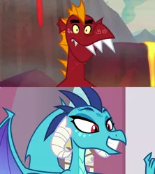 Size: 1280x1440 | Tagged: safe, derpibooru import, edit, edited screencap, screencap, garble, princess ember, sweet and smoky, triple threat, comparison, emble, female, image, male, png, shipping, shipping domino, smiling, straight