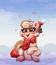 Size: 776x906 | Tagged: safe, artist:confetticakez, derpibooru import, oc, oc:cinnamon spangled, earth pony, pony, blushing, caroling, chest fluff, christmas, clothes, female, hat, holiday, holly, image, mare, music notes, png, santa hat, scarf, singing, sitting, snow, solo, winter