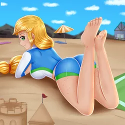 Size: 2000x2000 | Tagged: suggestive, alternate version, artist:focusb, derpibooru import, applejack, equestria girls, applebutt, applejack's beach shorts swimsuit, ass, barefoot, beach shorts swimsuit, body freckles, breasts, busty applejack, butt, clothes, cowboy hat, feet, female, freckles, hat, hatless, human coloration, image, looking at you, looking back, looking back at you, missing accessory, png, sand, solo, stetson, swimsuit, the pose