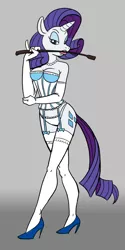 Size: 400x800 | Tagged: suggestive, artist:carelessdoodler, derpibooru import, rarity, anthro, unicorn, bedroom eyes, belly button, bra, breasts, busty rarity, clothes, corset, cutie mark, digital art, female, high heels, image, lingerie, looking at you, panties, png, shoes, simple background, socks, solo, solo female, stockings, tail, thigh highs, thighs, underwear, whip