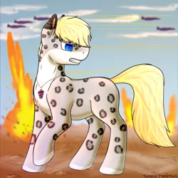 Size: 2500x2500 | Tagged: safe, artist:sergefoxpaws, derpibooru import, oc, unofficial characters only, earth pony, pony, bomb, commission, digital art, explosion, fire, hooves, image, jet, looking back, male, plane, png, sky, solo, stallion, tail, war, weapon